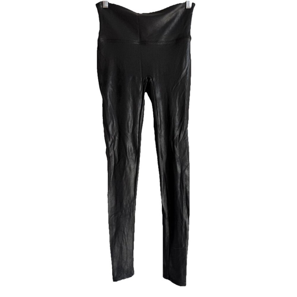 SPANX Faux Leather Moto Leggings Tummy Control Black Womens Size Medium Mid Rise